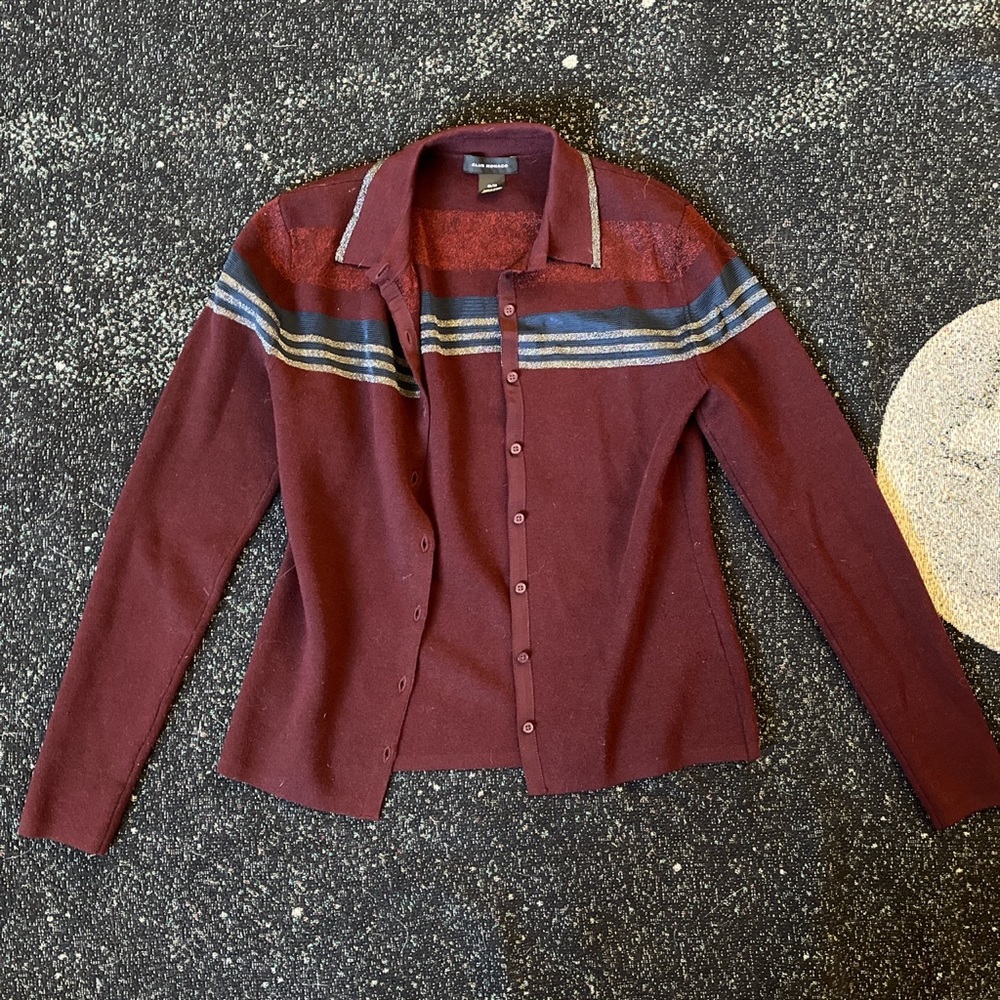 Club Monaco Knit Burgundy Glitter Striped Button Up Sweater